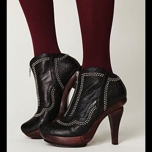 Calleen Cordero x Free People Studded Black Leather Booties Wood Heal Size 7